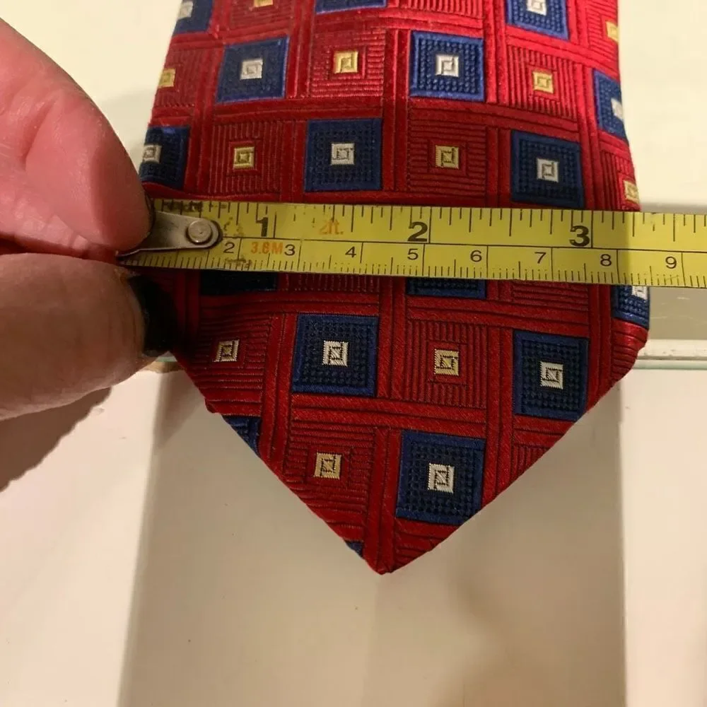 Hart Schaffner Marx Vintage Silk Hand-Tailored Tie, Red Blue Geometric 58”x3.5”‎